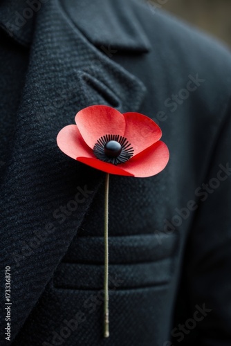 Minimalist Red Poppy on Coat Lapel for Remembrance Day
