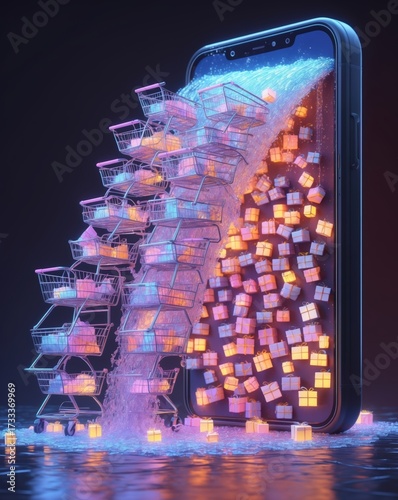 Surreal Waterfall of Shopping Carts from Smartphone