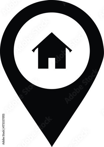 Black house icon inside a location pin marker