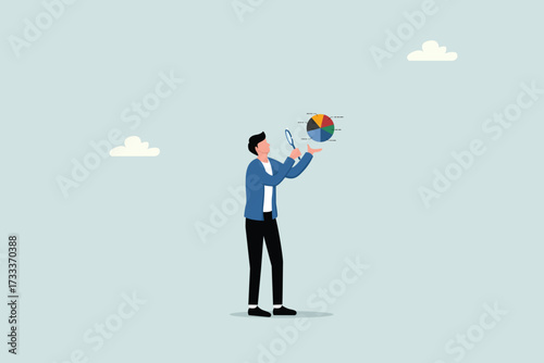 Business case studies or marketing research, analyzing product prototypes or competitors, entrepreneurs using magnifying glasses to analyze pie charts.