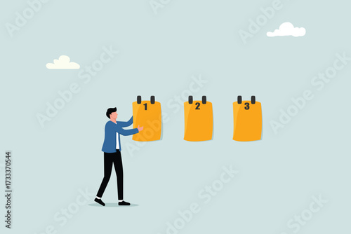 The concept of task management: prioritizing work, organizing to-do lists, and organizing tasks. A successful entrepreneur prioritizes sticky notes with the numbers first, second, and third.