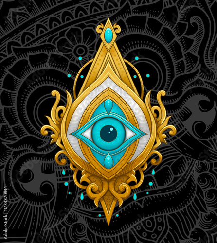 Mystical eye amulet emblem detailed illustration with ornamental gold and turquoise accents