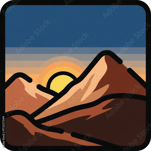 Mountain Sunset Illustration. Desert Landscape Art with Warm Colors.