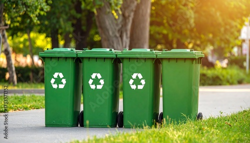 Green recycling bins in a park