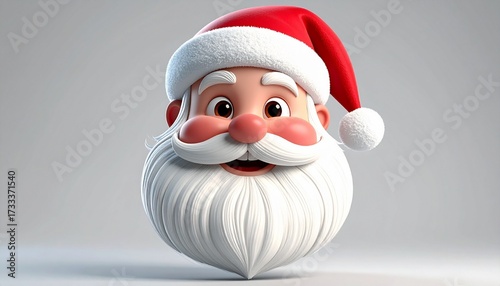 3D cartoon Santa Claus head with red hat, white beard, and cheerful expression on gray background