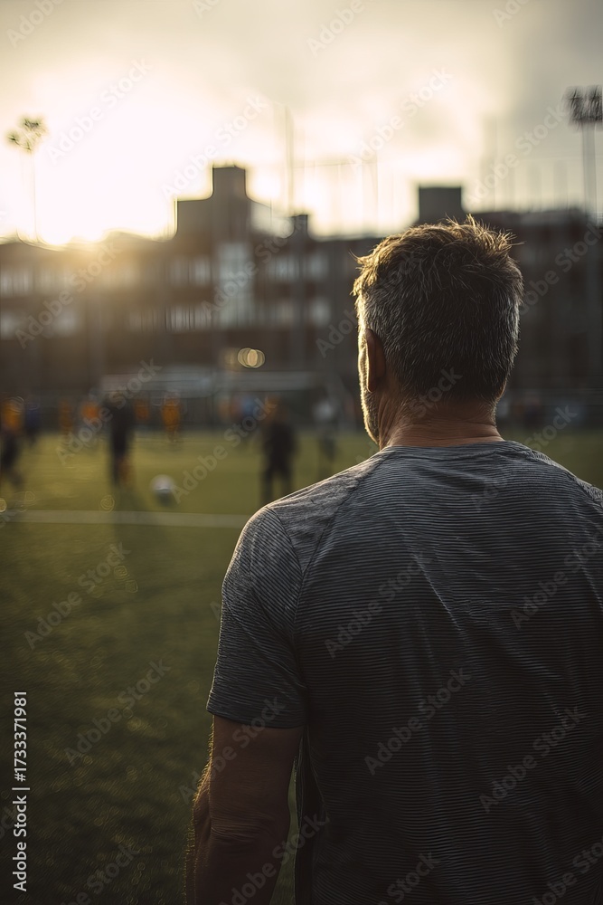 Fototapeta premium Man watches soccer game at sunset (2)