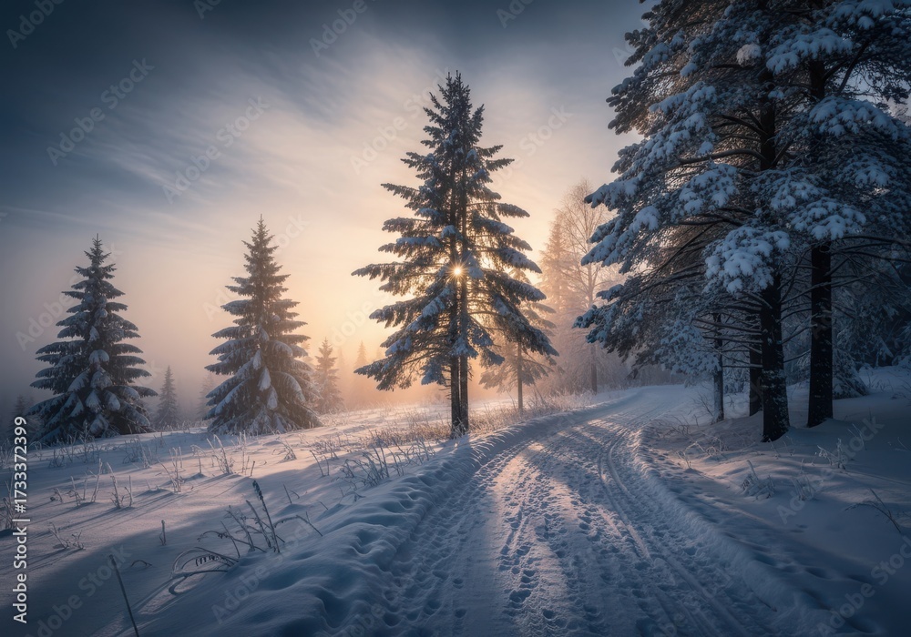 Fototapeta premium Winter forest path bathed in golden sunrise light, snow covered trees
