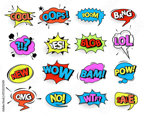 Isolated cartoon comic bubble speeches and onomatopoeia sounds like boom for explosion, oops and oh, omg and wow, wtf wonder exclamation, bang and crash, pow. Humour comic book, message theme