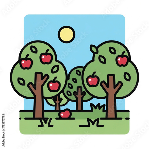 Apple Trees in Sunny Orchard, Flat Style Illustration