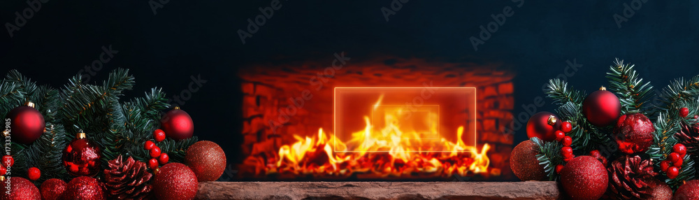 Naklejka premium Christmas cyber security technology concept with festive decorations and fireplace background creating warm holiday atmosphere