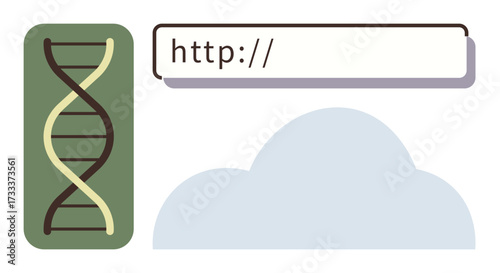 DNA strand in green frame, address bar with http, and cloud shape. Ideal for biotechnology, genetics, internet data, cloud storage, research innovation and science communication themes. Simple flat