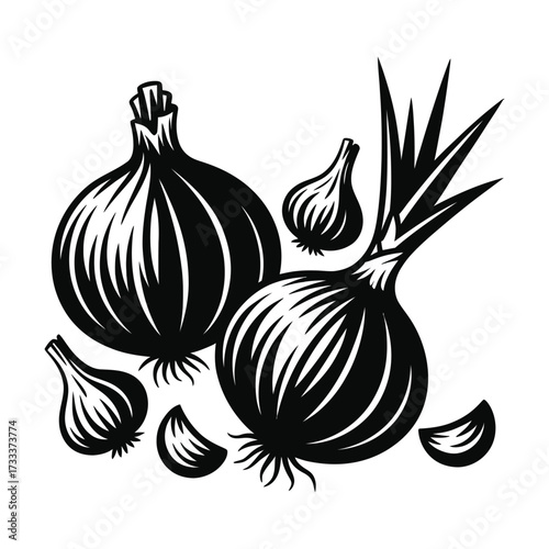 Black and white woodcut illustration of fresh onions and garlic cloves on a white background
