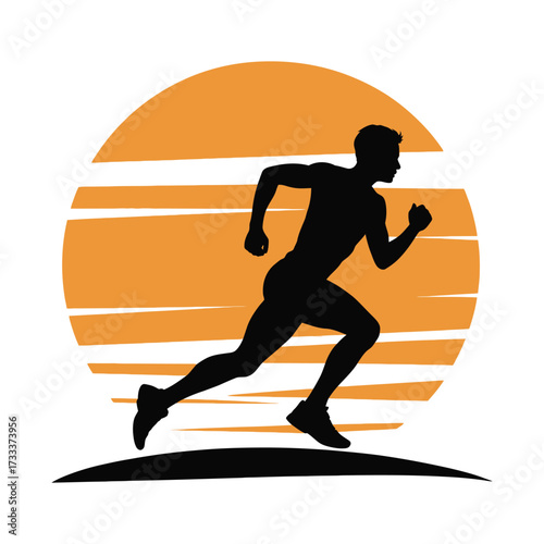 Silhouette of a runner in motion against a vibrant orange sunset with textured brush strokes