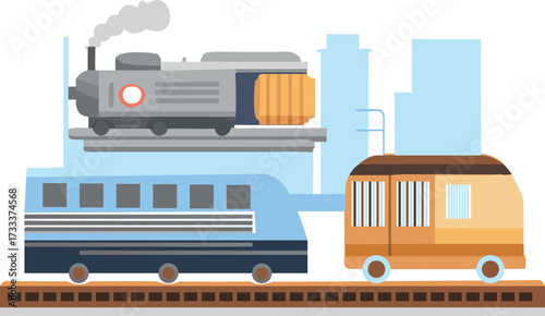 Flat design illustration of a steam train and passenger cars on tracks with abstract buildings