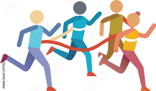 Four stylized runners crossing a red finish line in a race running race competition