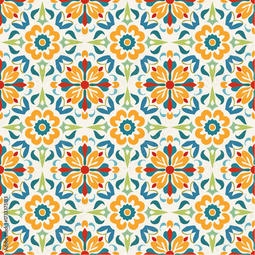 A seamless Mexican Talavera tile pattern with bold floral and geometric motifs. Perfect for textiles, packaging, and authentic decorative surfaces.