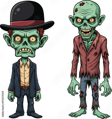 Cartoon zombie characters, formal zombie in suit, scary undead monster, creepy green skin, tattered clothes, horror illustration, Halloween design, spooky artwork