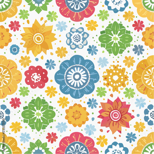 A seamless Mexican papel picado pattern with festive cut-paper motifs. Perfect for party graphics, seasonal decorations, and celebratory branding.