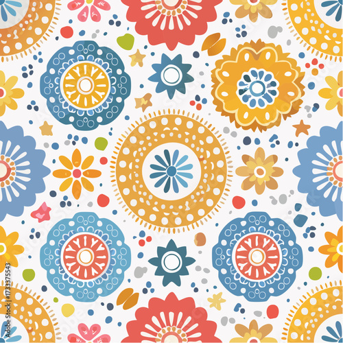 A seamless Mexican papel picado pattern with festive cut-paper motifs. Perfect for party graphics, seasonal decorations, and celebratory branding.