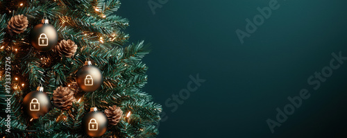 Christmas tree with cyber security themed ornaments and technology inspired decorations create festive and secure holiday atmosphere