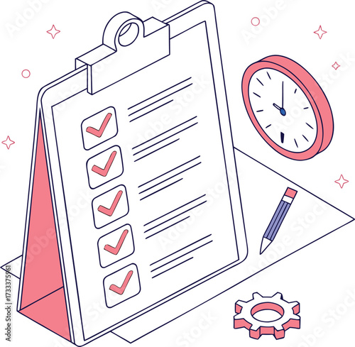 Isometric checklist clipboard with red checkmarks and clock to do list task management