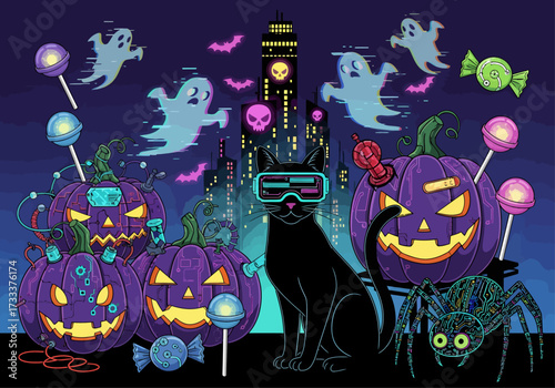 A futuristic black cat wearing VR goggles presides over a cyberpunk Halloween with cybernetic pumpkins, digital ghosts, and a robotic spider under a neon city skyline.