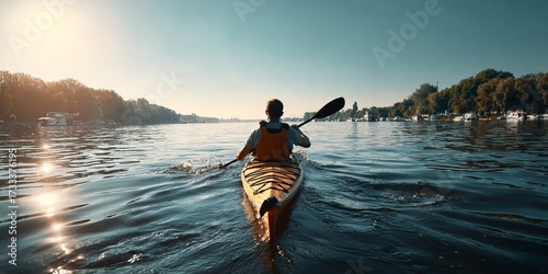 Person kayaking on a calm river at sunrise