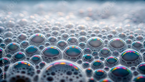 Colorful soap bubbles display vibrant reflections in a close-up view showcasing their unique textures and shapes