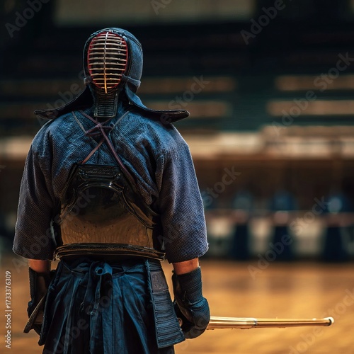 Kendo fighter in traditional uniform, focused stance