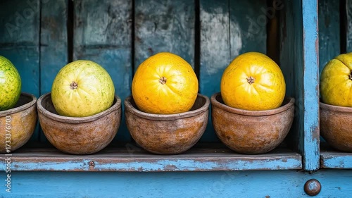 Rustic Wooden Bowls Filled with Fresh Yellow Melons on a Blue Background Healthy Organic Produce Still Life for Snacking