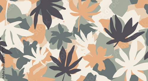 A camouflage pattern featuring stylized leaves in muted earth tones and dark grays.