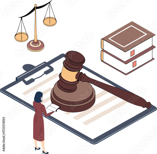 Isometric illustration of a woman with a clipboard near a gavel and scales of justice