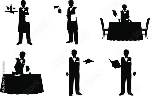 Waiter silhouette, restaurant staff, serving wine, presenting menu, cleaning table, hospitality service, food tray, dining setup, black vector illustration