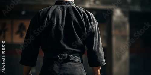 Person in black martial arts uniform, back view