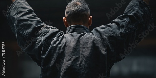 Person in martial arts uniform, arms raised (1)