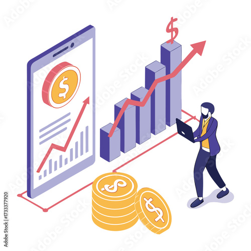 Isometric illustration of man with laptop analyzing financial growth chart and coins
