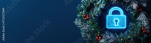 Christmas wreath with digital padlock symbolizing cyber security and technology, festive green pine branches and red berries on blue background