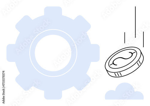 Large gear adjacent to a falling coin and cloud, symbolizing financial systems, process automation, and operational improvements. Ideal for technological growth, innovation, and economy. Simple flat