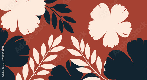 Abstract botanical illustration with a vintage floral pattern and organic shapes.