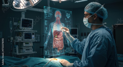 Surgeon Using Holographic Technology in Operating Room for Surgery.