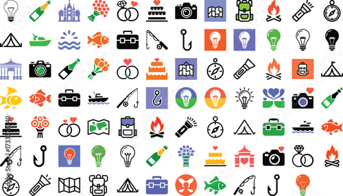 Celebrate life's moments with vibrant icons for travel, love, and adventure, perfect for branding or adding flair to wedding or camping projects
