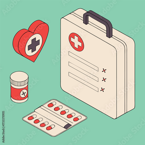 Isometric medical kit heart pills and bottle on teal background first aid kit medicine bottle