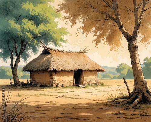 rough color pencil sketch on warm beige textured paper, a simple rural hut with thatched, large, leafy tree nearby