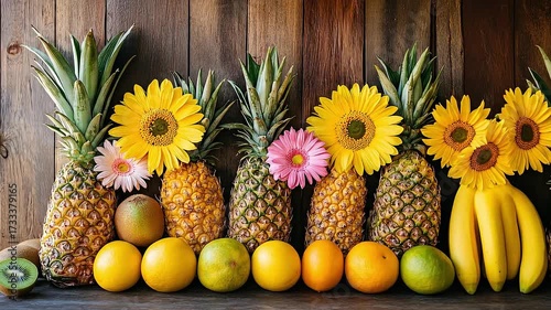 Fresh Organic Pineapples Yellow Lemons and Bananas with Sunflowers Arranged on a Wooden Surface Healthy Produce Still Life
