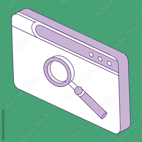 Isometric purple magnifying glass over white browser window on green background search