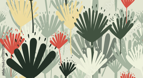 An abstract floral pattern with a retro color palette and stylized plant silhouettes.