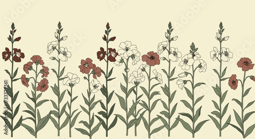A delightful pattern of wildflowers blooming across a pale background.