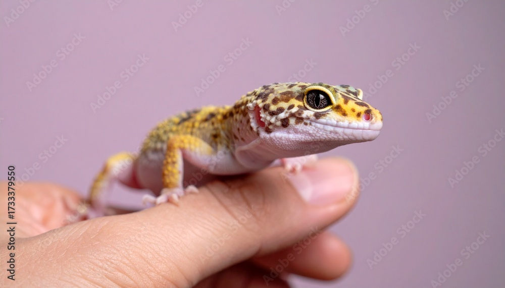 Naklejka premium Leopard Gecko portrait on a human hand, captive reptile portrait close-up