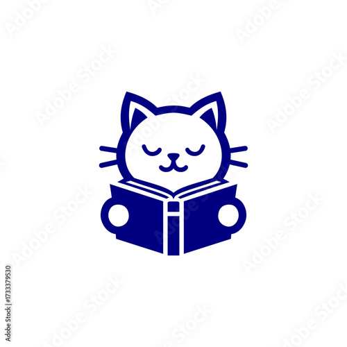 Cute vector illustration of a cat reading a book, designed in simple blue silhouette style