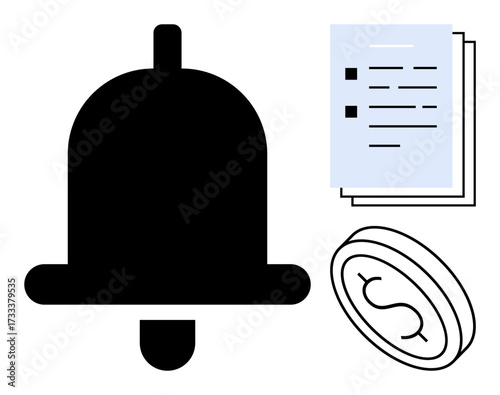 Large bell icon with stacked documents and coin featuring a dollar sign. Ideal for tasks, reminders, notifications, finance, priorities, alerts, deadlines. Simple flat metaphor